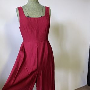 Red tie back cropped jumpsuit with pockets